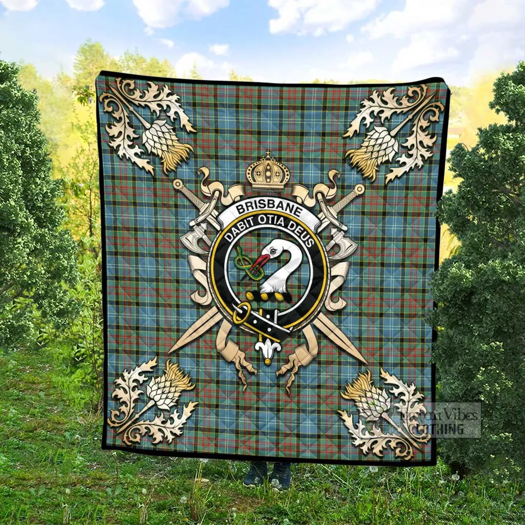 Brisbane Tartan Quilt with Family Crest and Scottish Golden Courage Shield