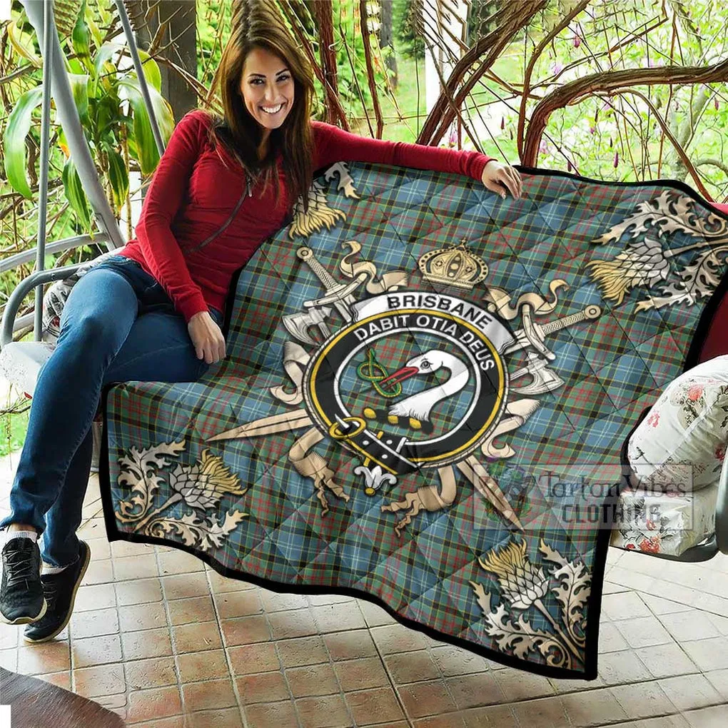 Brisbane Tartan Quilt with Family Crest and Scottish Golden Courage Shield