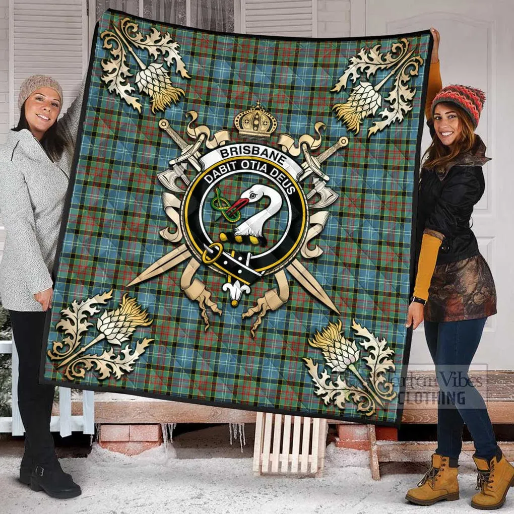 Brisbane Tartan Quilt with Family Crest and Scottish Golden Courage Shield