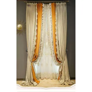 Brittany Luxury Royal Lace Designer Velvet Curtain - Beige & Orange