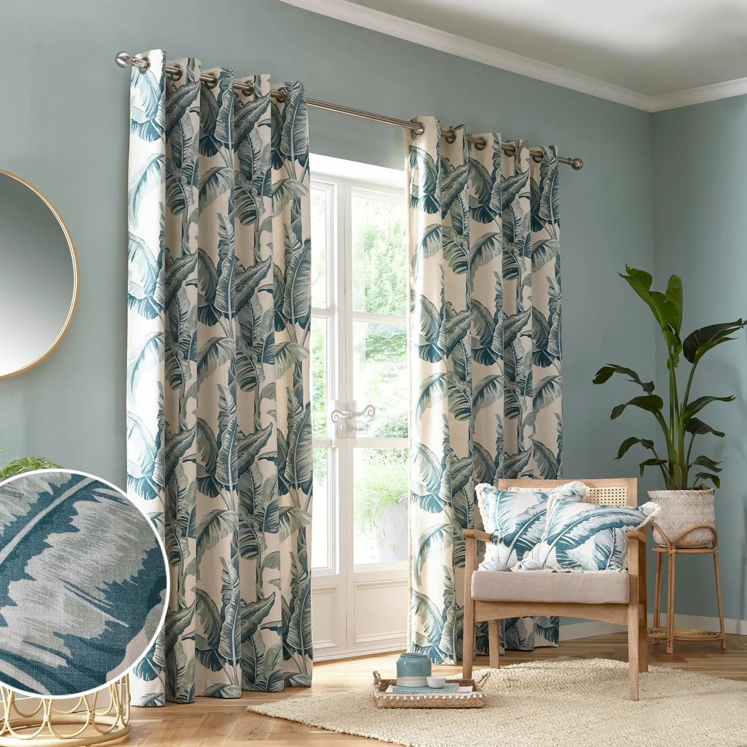 Cadiz Teal Leaf Eyelet Curtains