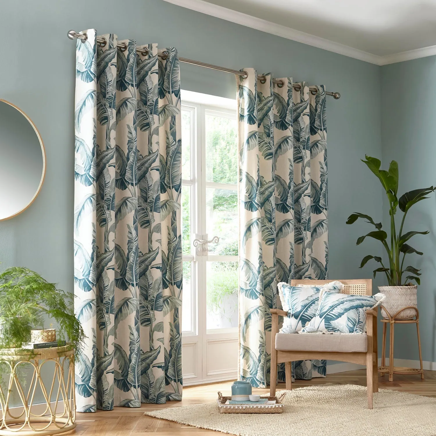 Cadiz Teal Leaf Eyelet Curtains