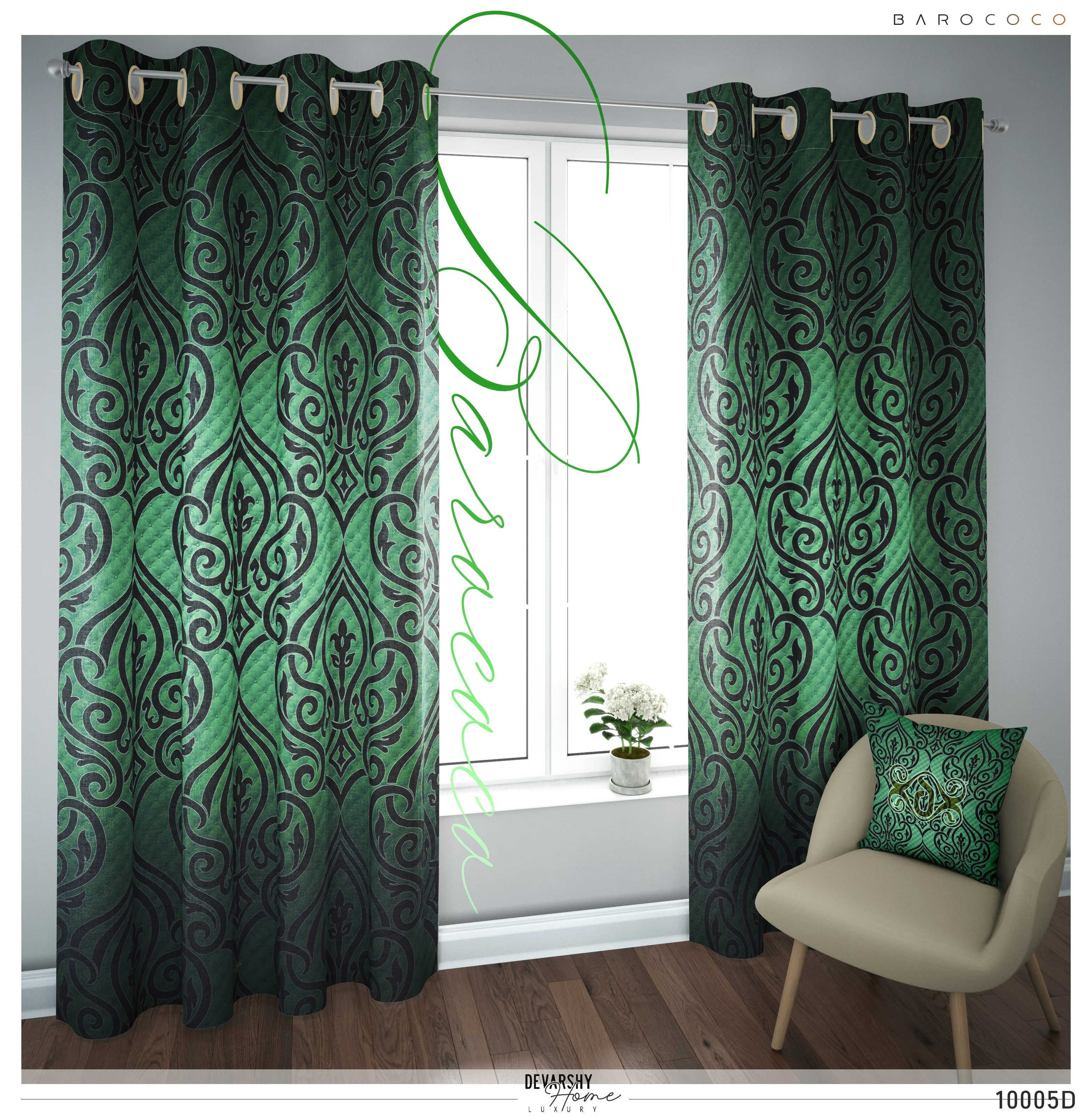 Decorative Damask Green PREMIUM Curtain. 12 Fabric Options. Made to Order. Heavy And Sheer.  10005D