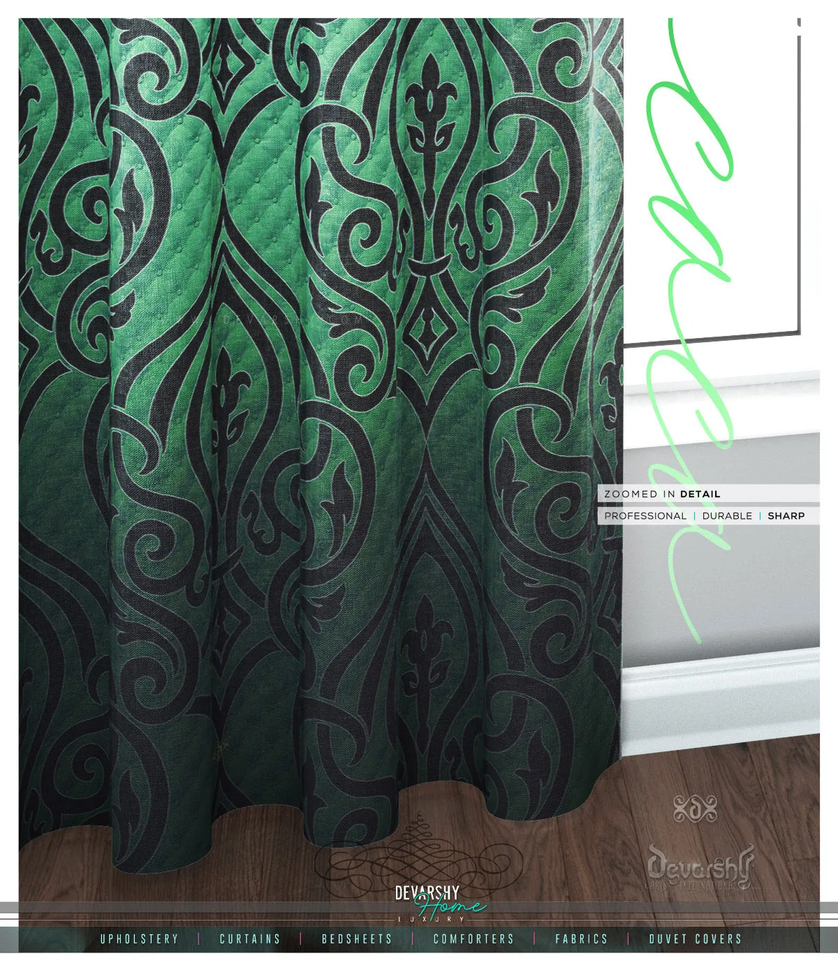 Decorative Damask Green PREMIUM Curtain. 12 Fabric Options. Made to Order. Heavy And Sheer.  10005D