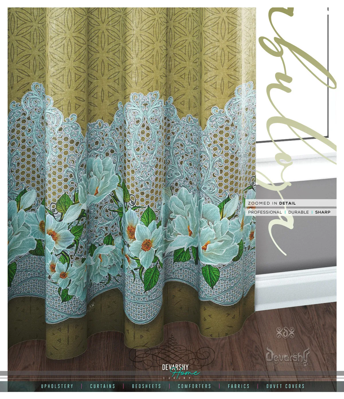 Decorative Yellow Floral PREMIUM Curtain Panel, Made to Order on 12 Fabric Options - 10001F