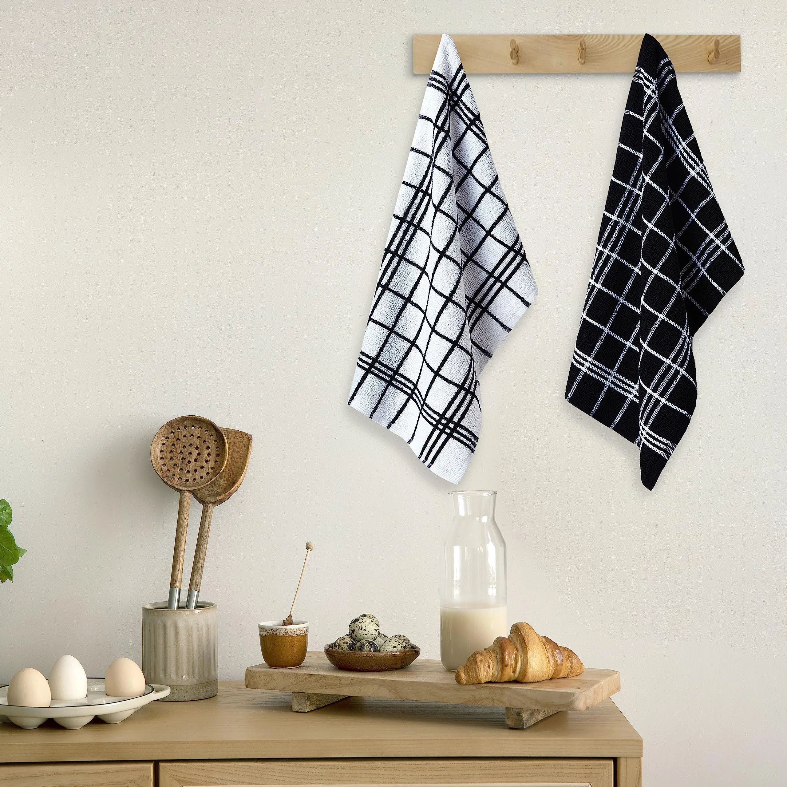 Encasa Cotton Mono Check Black Terry Kitchen Towels Pack of 4 - Quick Drying Dishes, Soft & Absorbent, Reusable Hand Towels for Kitchen, Restaurant & Bars - 60x40 cm