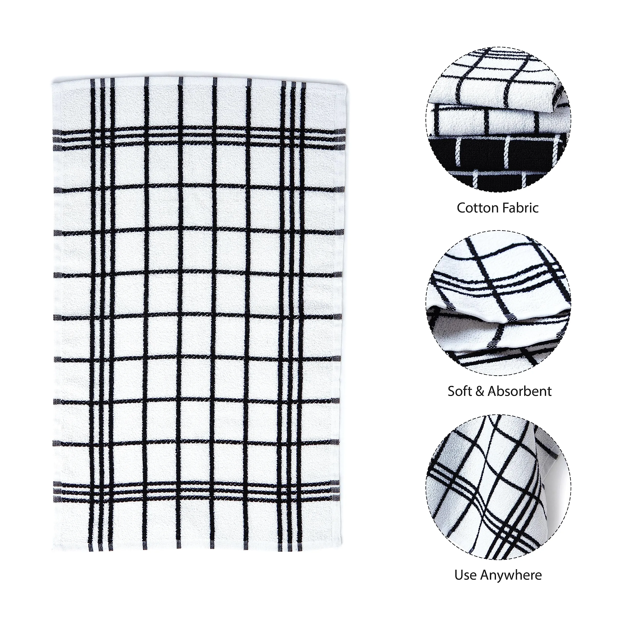 Encasa Cotton Mono Check Black Terry Kitchen Towels Pack of 4 - Quick Drying Dishes, Soft & Absorbent, Reusable Hand Towels for Kitchen, Restaurant & Bars - 60x40 cm