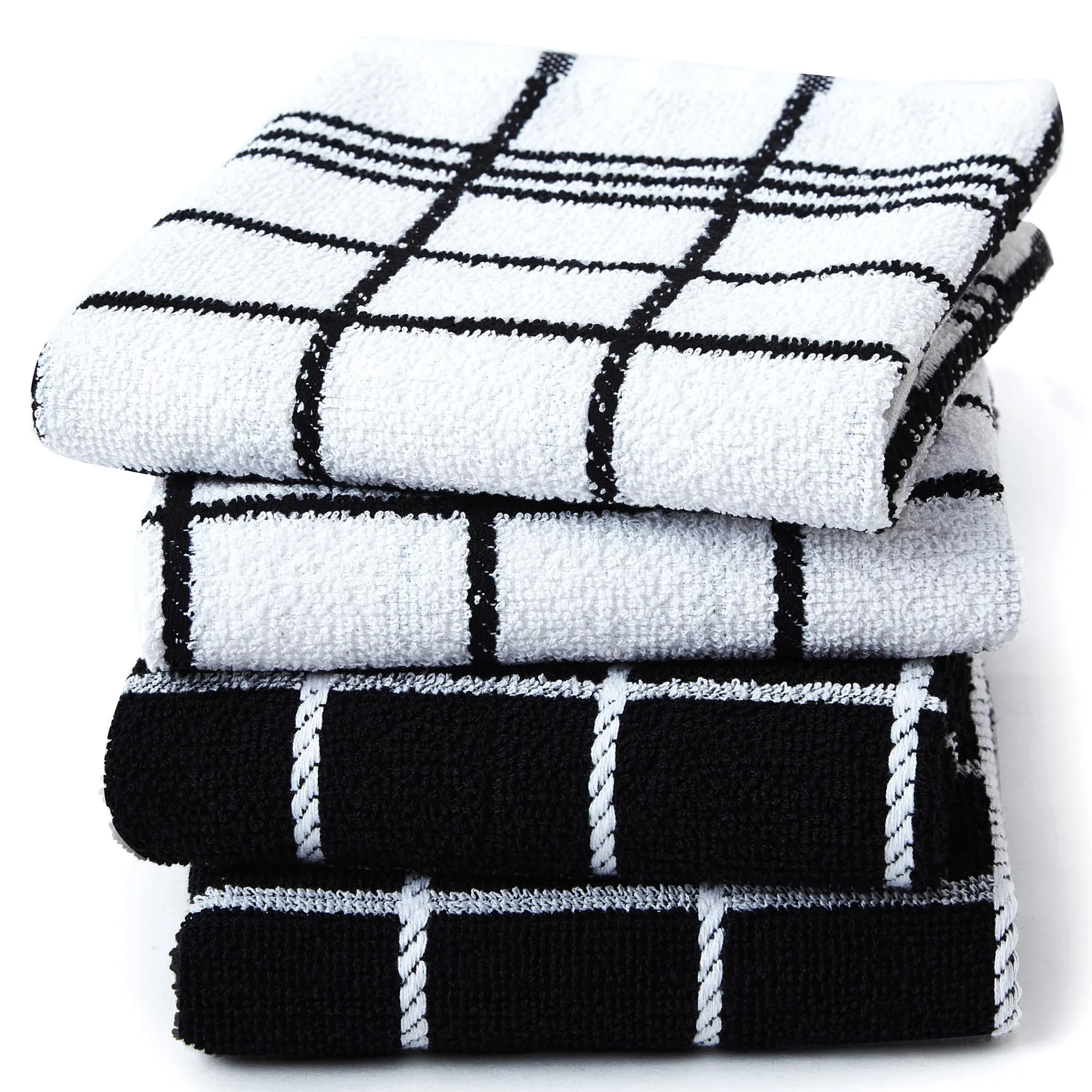 Encasa Cotton Mono Check Black Terry Kitchen Towels Pack of 4 - Quick Drying Dishes, Soft & Absorbent, Reusable Hand Towels for Kitchen, Restaurant & Bars - 60x40 cm