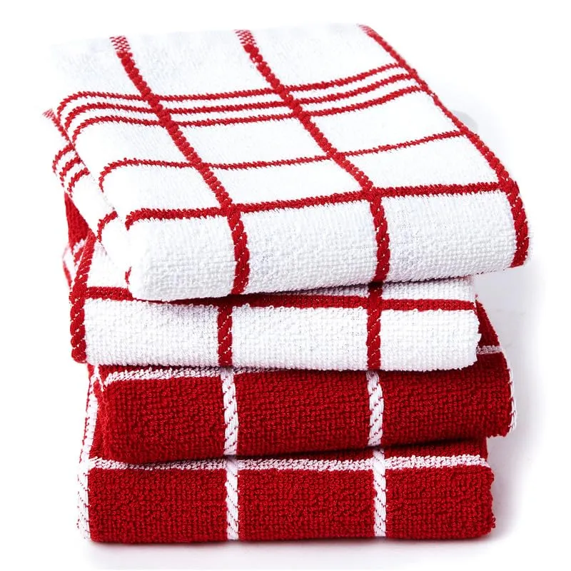 Encasa Cotton Mono Check Red Terry Kitchen Towels Pack of 4 - Quick Drying Dishes, Soft & Absorbent, Reusable Hand Towels for Kitchen, Restaurant & Bars - 60x40 cm