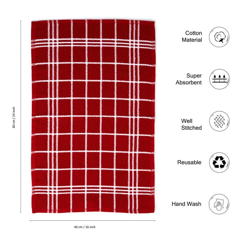 Encasa Cotton Mono Check Red Terry Kitchen Towels Pack of 4 - Quick Drying Dishes, Soft & Absorbent, Reusable Hand Towels for Kitchen, Restaurant & Bars - 60x40 cm