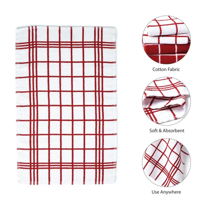 Encasa Cotton Mono Check Red Terry Kitchen Towels Pack of 4 - Quick Drying Dishes, Soft & Absorbent, Reusable Hand Towels for Kitchen, Restaurant & Bars - 60x40 cm