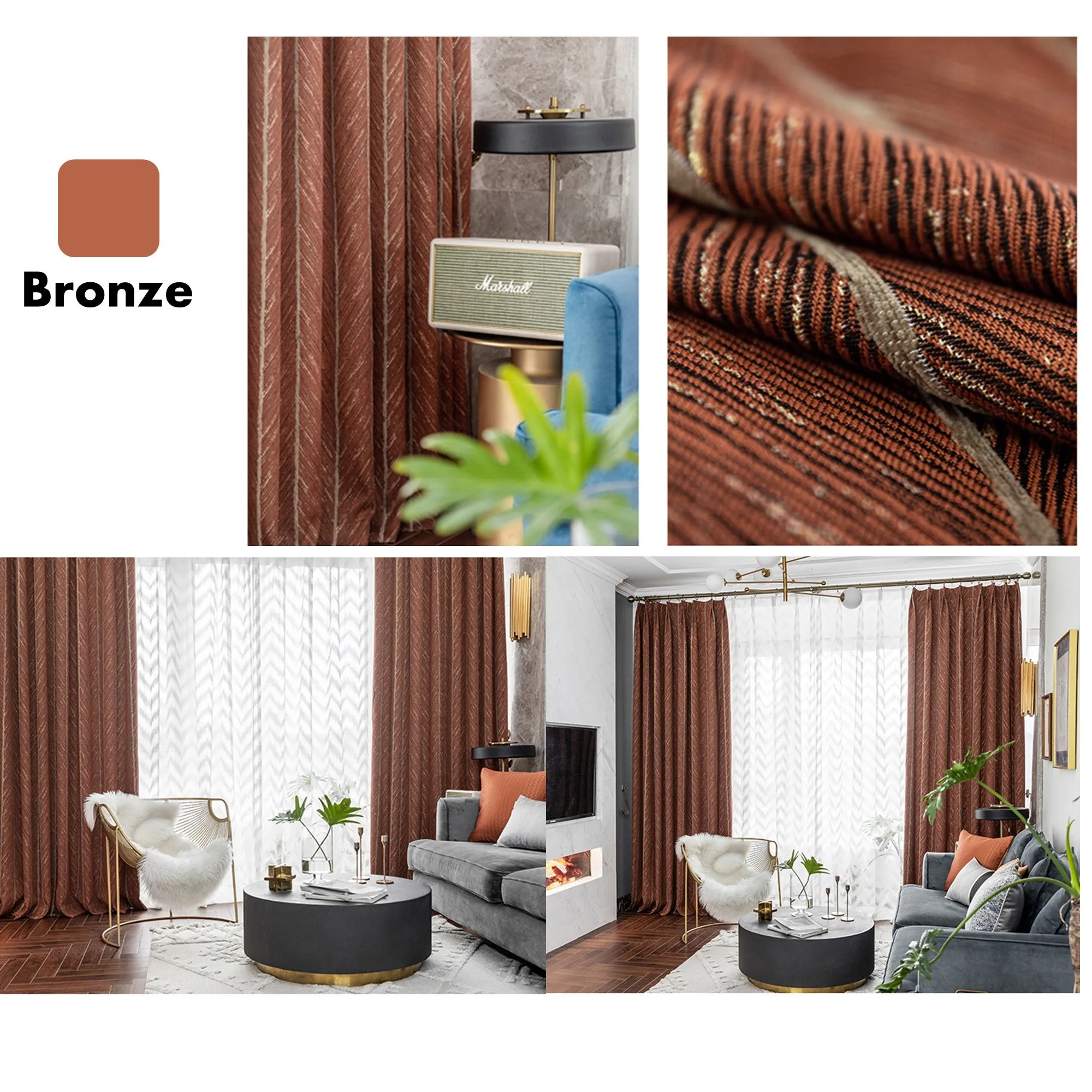 Golden Glamour Herringbone Window Curtains Drapery