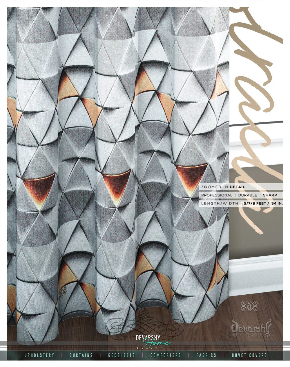 Grey Triangulate 3D PREMIUM Curtain Panel. Available on 12 Fabrics. Made to Order. 100304