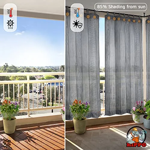 HIPPO - PE 85% Outdoor Sun Blocking Balcony Curtains Loop UV Protection, Sun Shading Light Filtering, Temperature Reducing 7.5 ft Door Curtain, Set of 2 pcs (Grey-Black || 4.5FTX7.5FT)