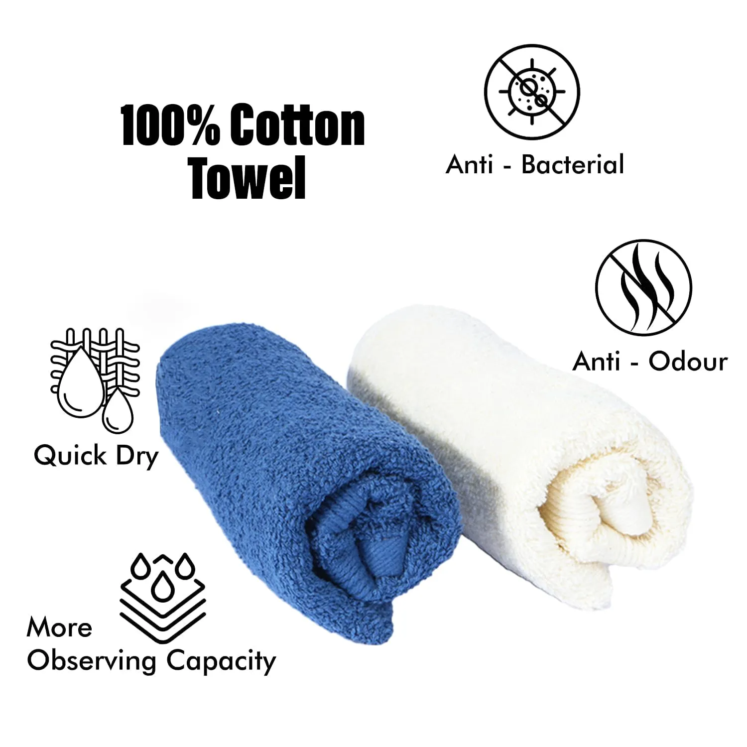 Homestic 525 GSM Cotton Hand Towels |Super Soft, Quick Absorbent & Anti-Bacterial|Gym & Workout Towels|Pack of 2 (Blue & Ivory)