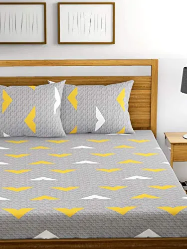 HUESLAND by Ahmedabad Cotton 144 TC Cotton Bedsheet for Double Bed with 2 Pillow Covers - Grey, Yellow & White