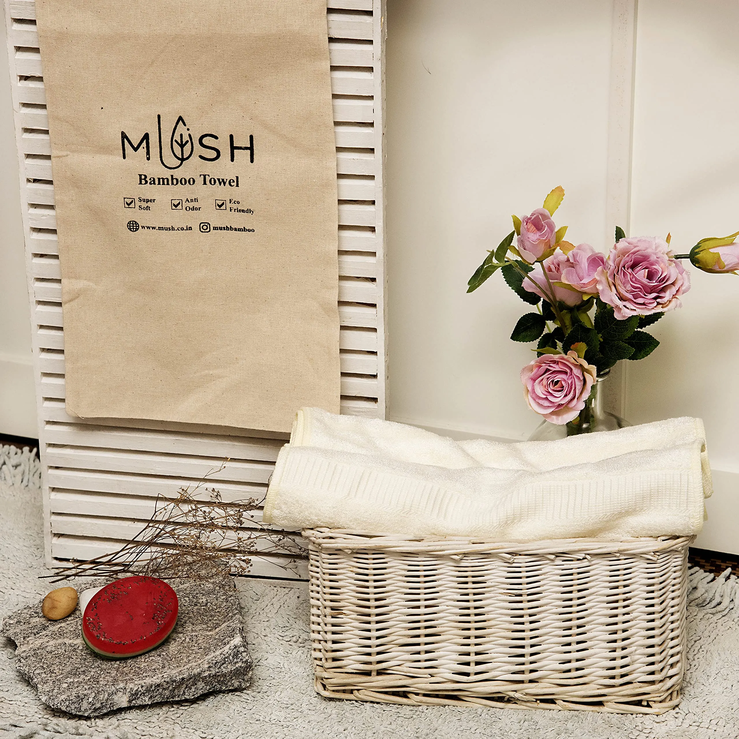 Mush Bamboo Hand Towel Set of 2 | 100% Bamboo | Ultra Soft, Absorbent & Quick Dry Towel for Daily use. Gym, Pool, Travel, Sports and Yoga | 75 X 35 cms | 600 GSM (Cream)