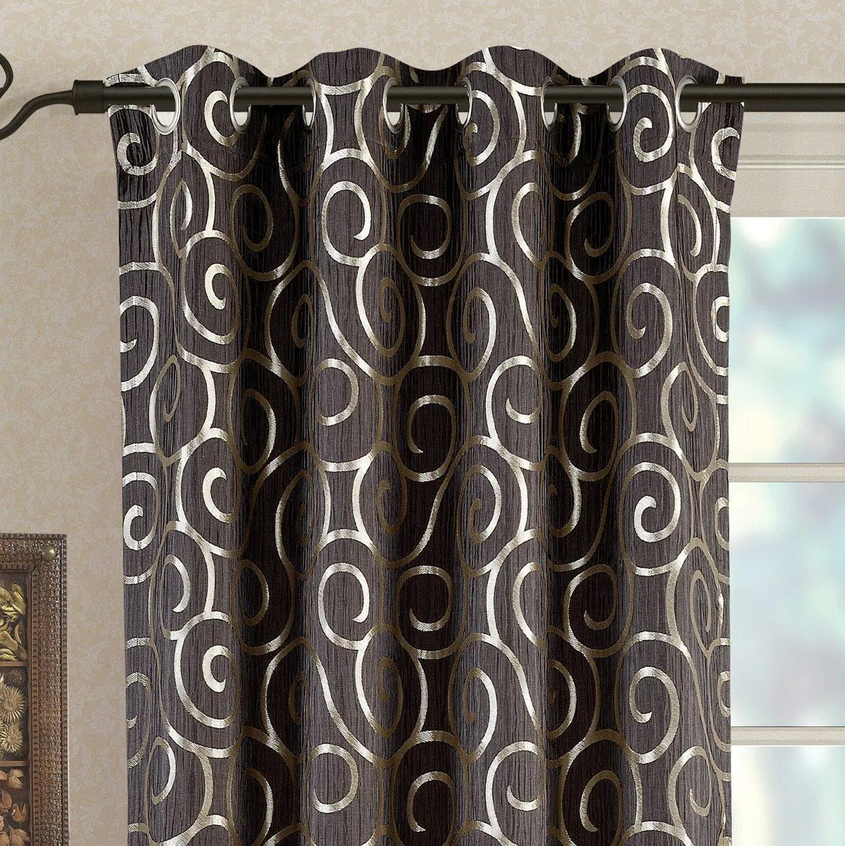 Pair (Set of 2) Top Grommet Window Curtain Panels Abstract Jacquard Tuscany, 104 Inches Total Width.