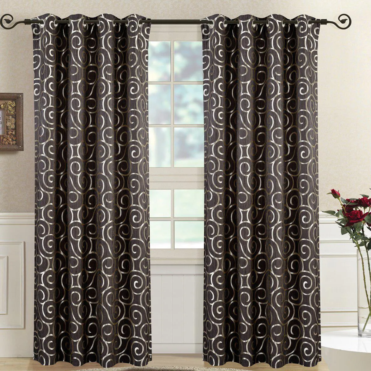 Pair (Set of 2) Top Grommet Window Curtain Panels Abstract Jacquard Tuscany, 104 Inches Total Width.