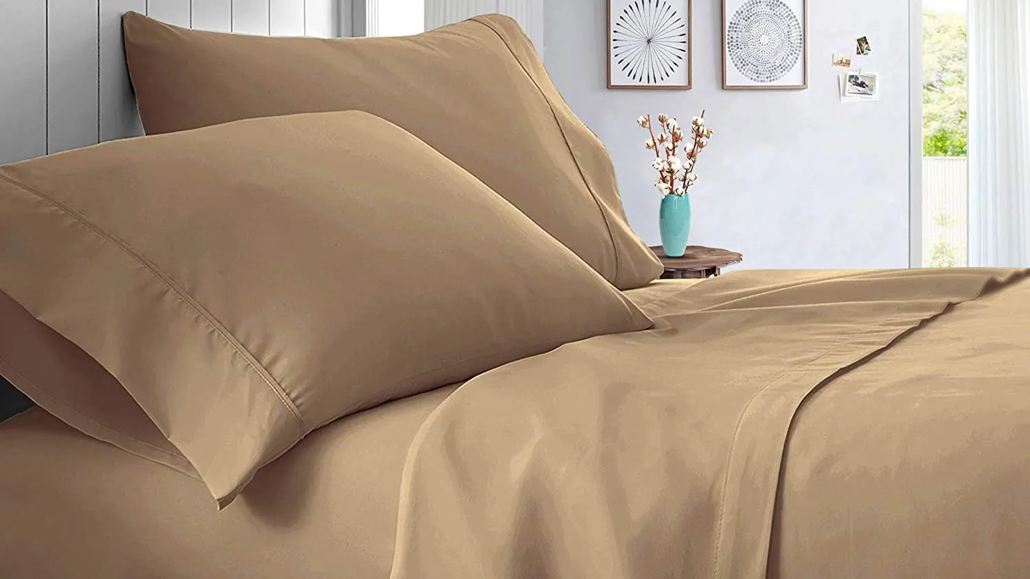 Pingaksha Bedding- 3 Piece Flat Bedsheet Set- Super Soft & Breathable- 100% Cotton Sateen Bedsheet- 400TC Luxury Bedsheet with 2 Pillow Cover- Taupe Solid, King Size