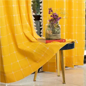 Premium 100% Cotton Embroidery Curtain for Window & Door - Pack of 1 Curtain, Aura Yellow Checks