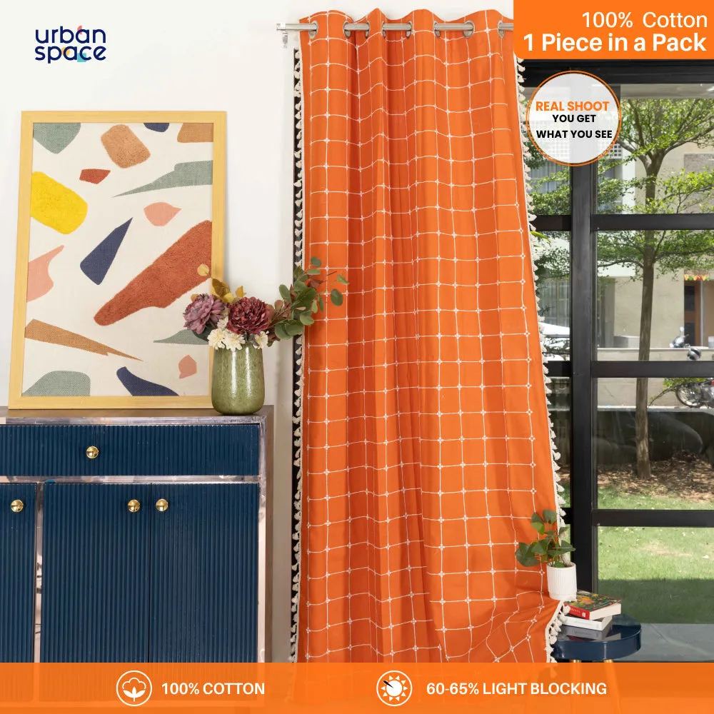 Premium 100% Cotton Embroidery Curtain for Window & Door - Pack of 1 Curtain, Burnt Orange Checkers