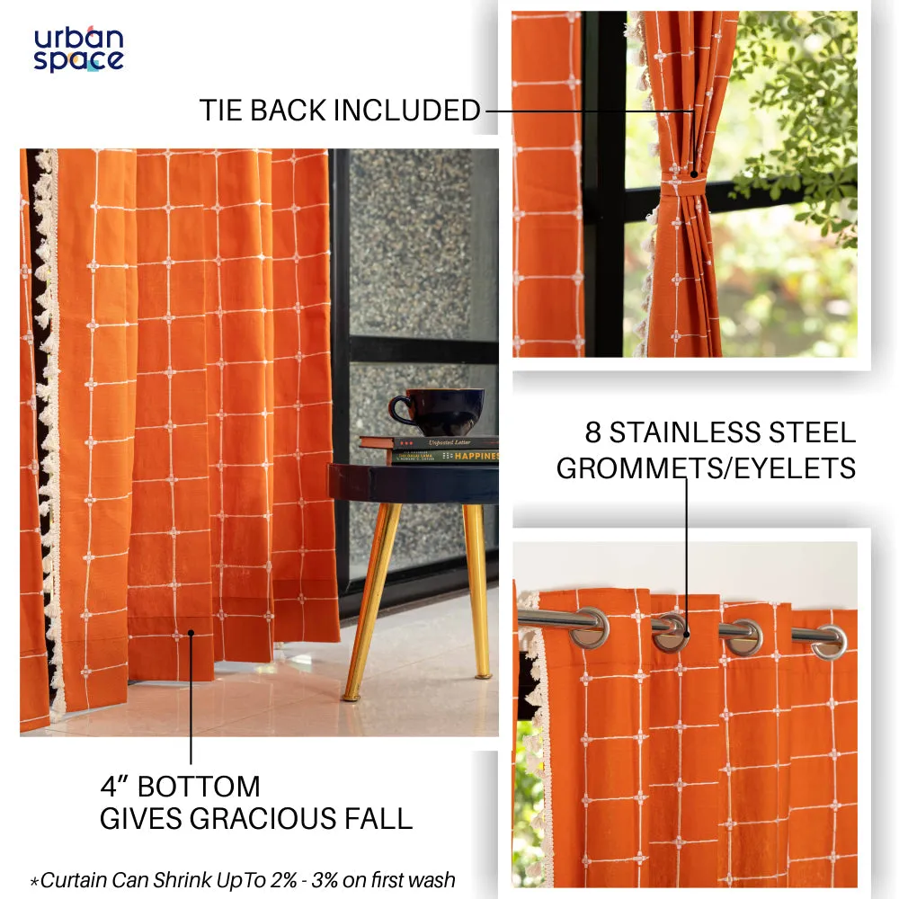 Premium 100% Cotton Embroidery Curtain for Window & Door - Pack of 1 Curtain, Burnt Orange Checkers