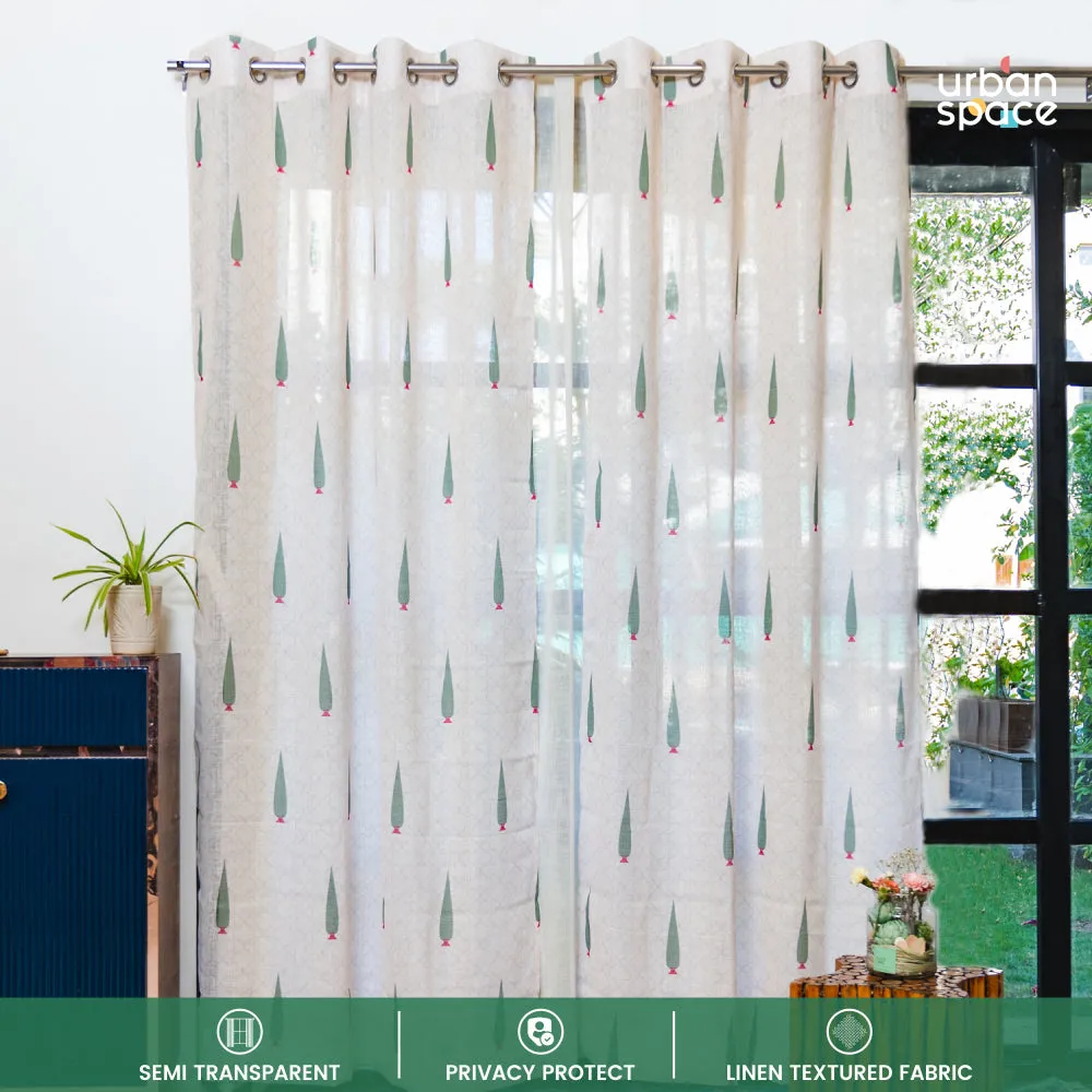 Printed Sheer Linen Curtains, Light Filtering, Pack of 2 Curtains - Pinewood