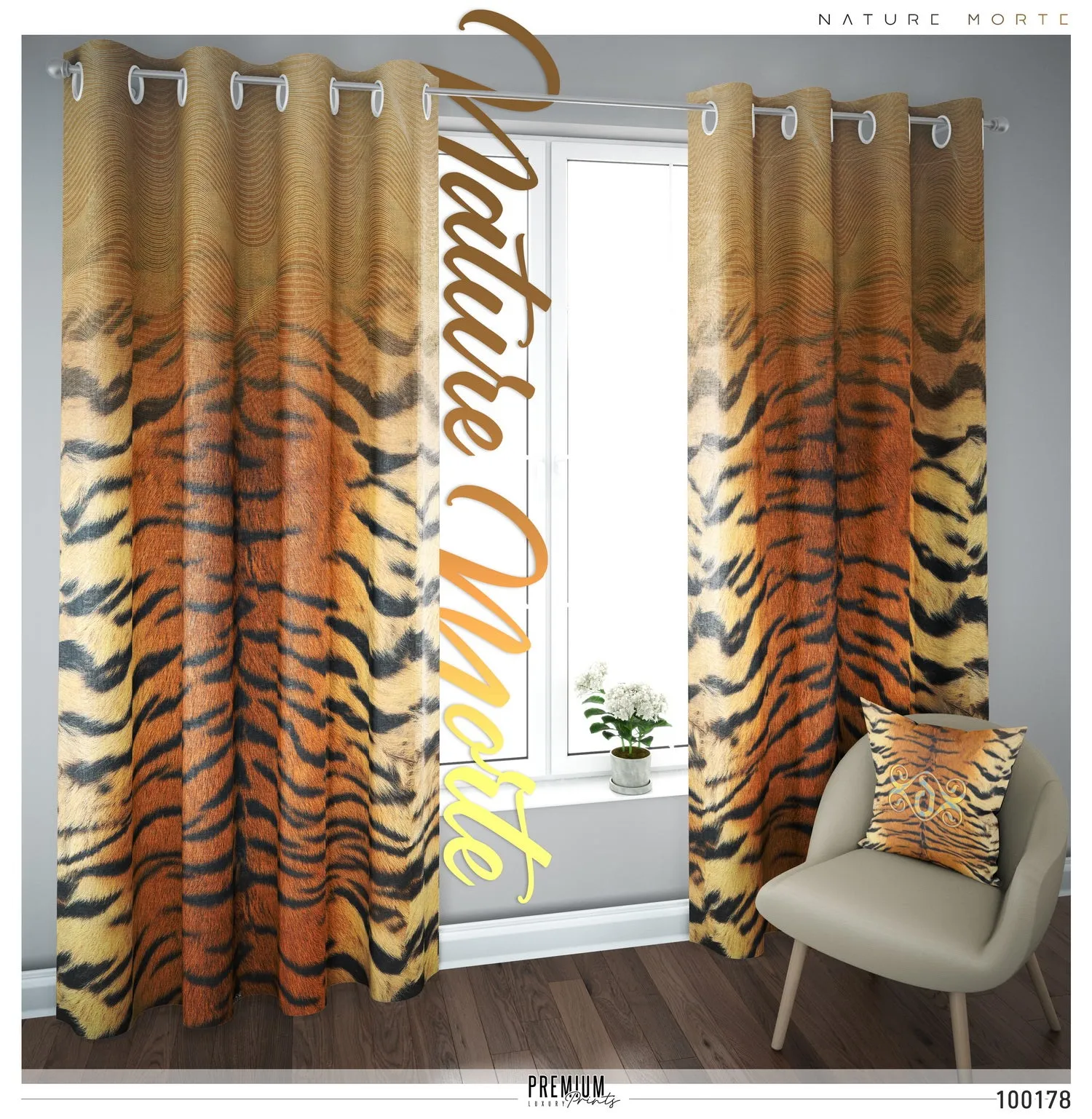 Realistic Tiger Print PREMIUM Curtain Panel. Available on 12 Fabrics, Heavy & Sheer, Made to Order. 100178