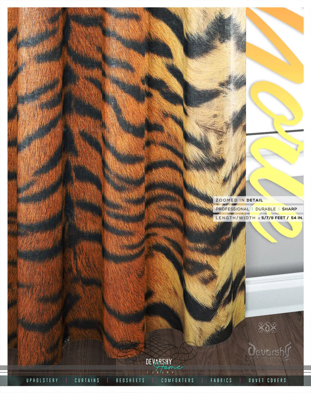 Realistic Tiger Print PREMIUM Curtain Panel. Available on 12 Fabrics, Heavy & Sheer, Made to Order. 100178