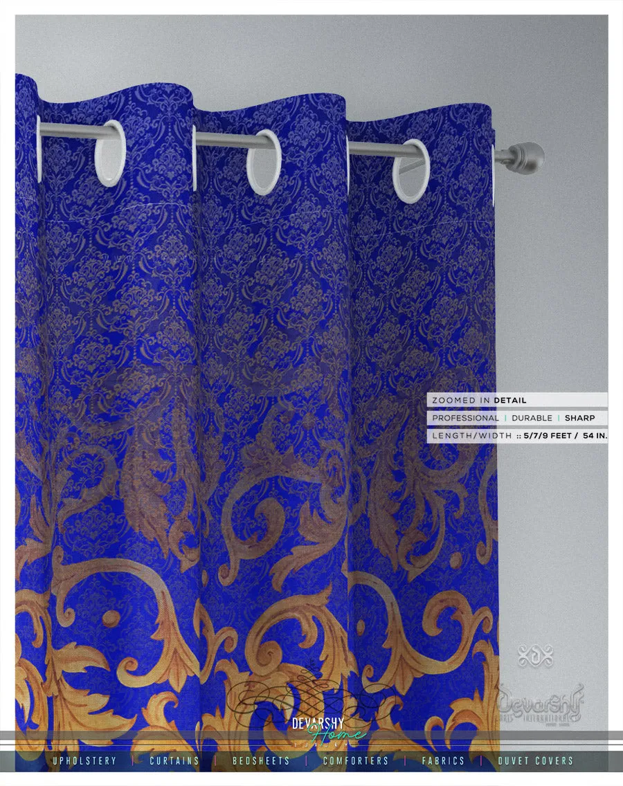 Royal Blue Gold Pattern PREMIUM Curtain Panel. Available on 12 Fabric, Heavy & Sheer. Made to Order. 100198