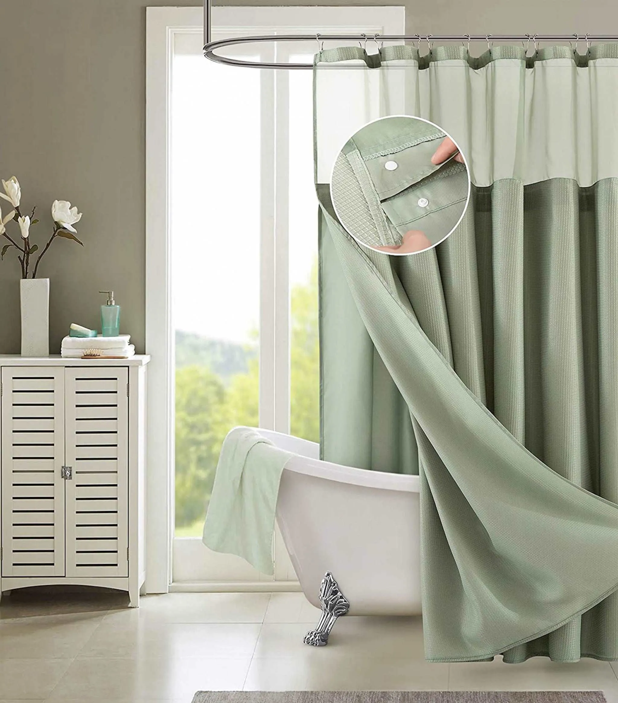 Sage Green Modern Grid Shower Curtain And Liner Set