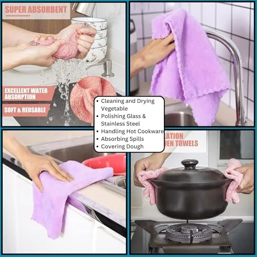 SynSo Microfiber Clothes Pack of 4 High Absorbent Cleaning Cloth Lint Free Cloths for Kitchen Wiping Bathroom Furniture Wood Glass & Mirrors (25 * 25 cm) (Random Colors)