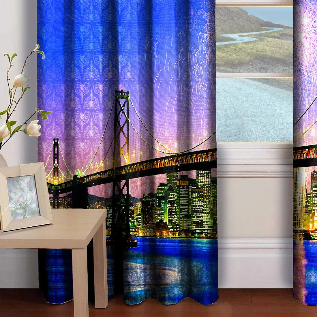 The Blue Lite up Cityscape Print Premium Blackout Curtain Panels, 2 Pcs - 1177