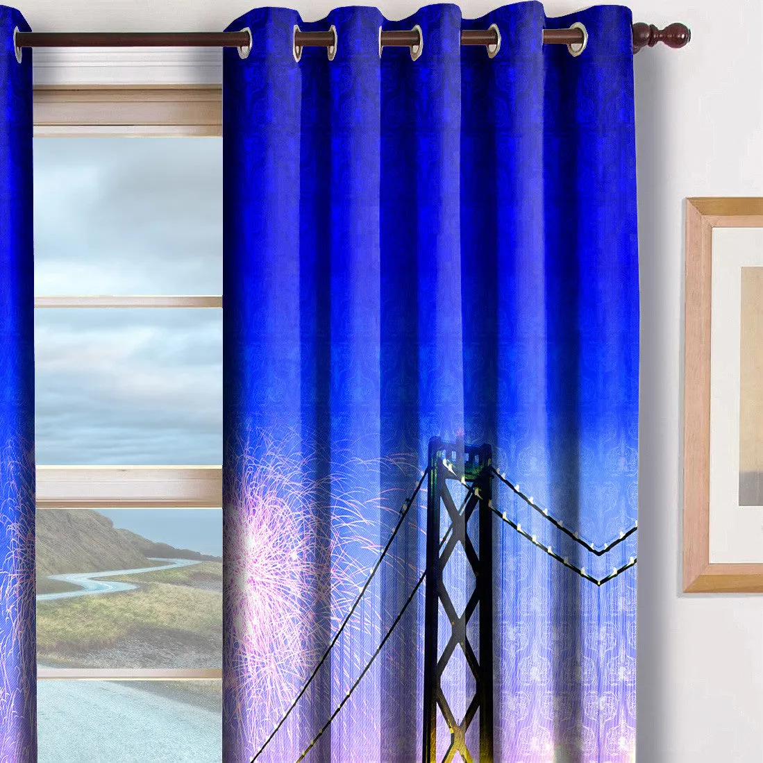 The Blue Lite up Cityscape Print Premium Blackout Curtain Panels, 2 Pcs - 1177